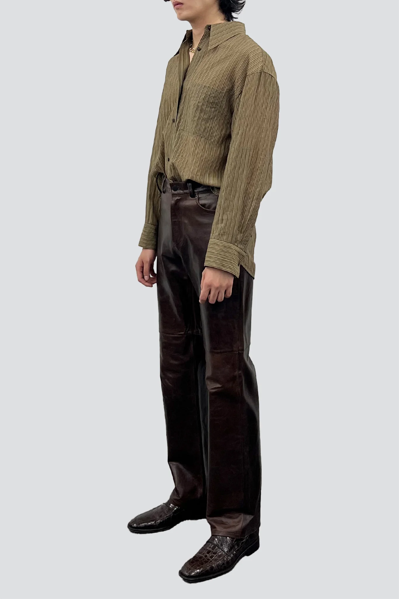 Olive Stripe Lyocell Oversized Shirt - Image 5