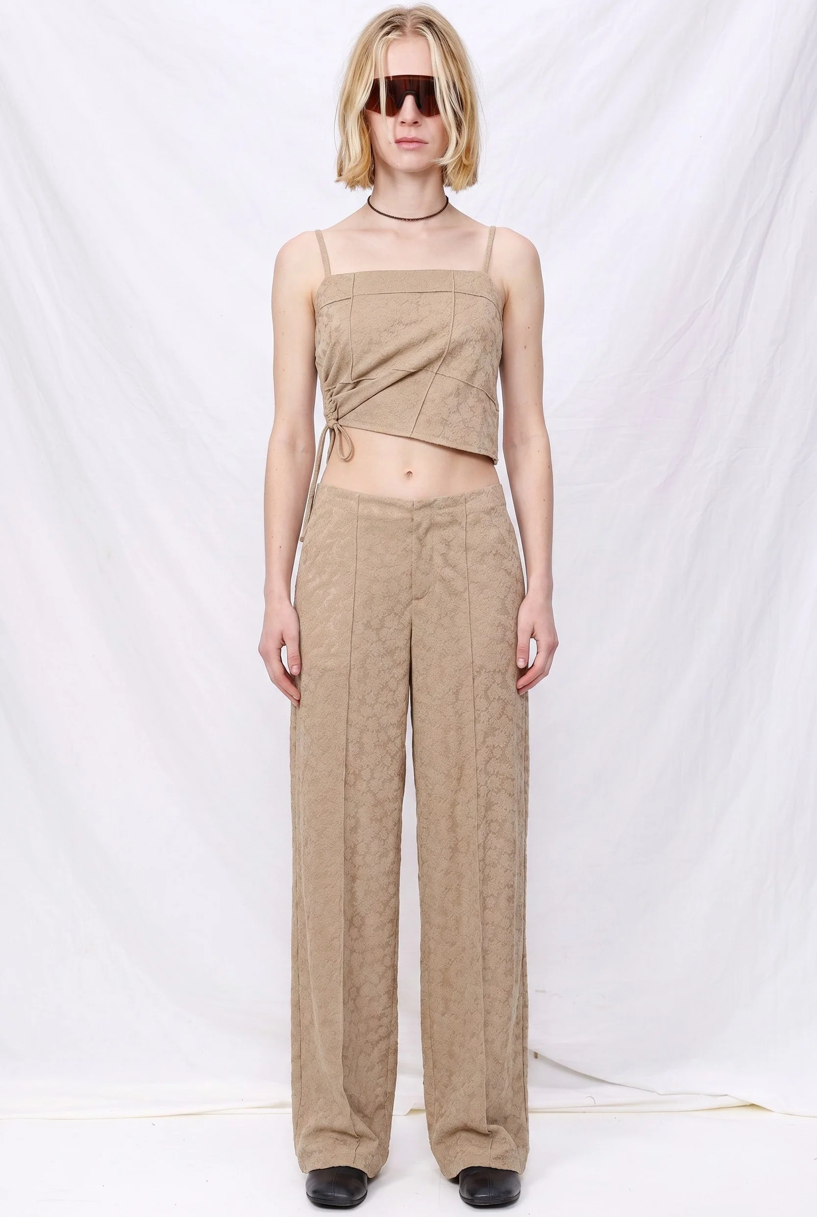 Pale Khaki Jacquard Floral Knit Pintuck Tank Top