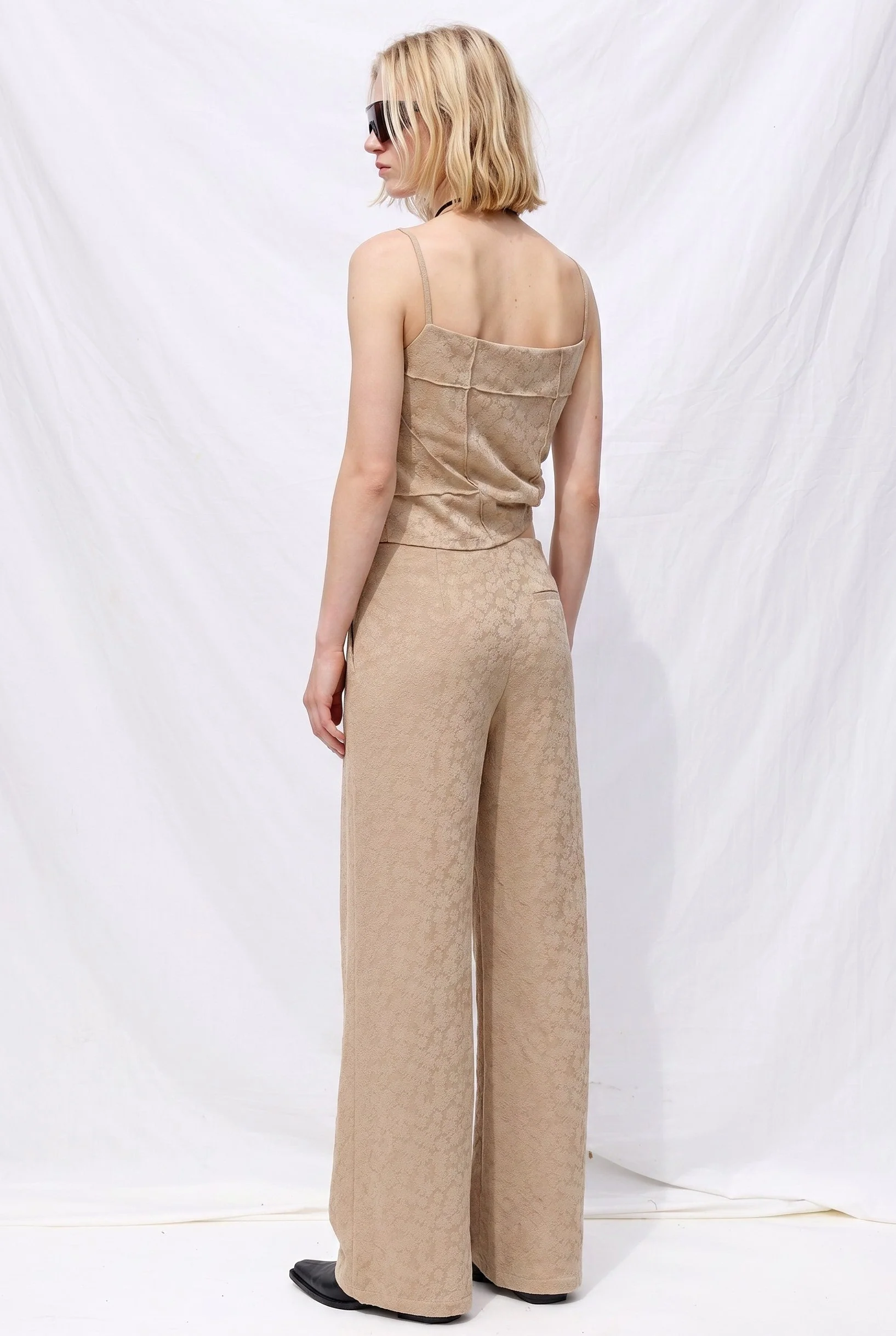 Pale Khaki Jacquard Floral Knit Pintuck Tank Top - Image 2