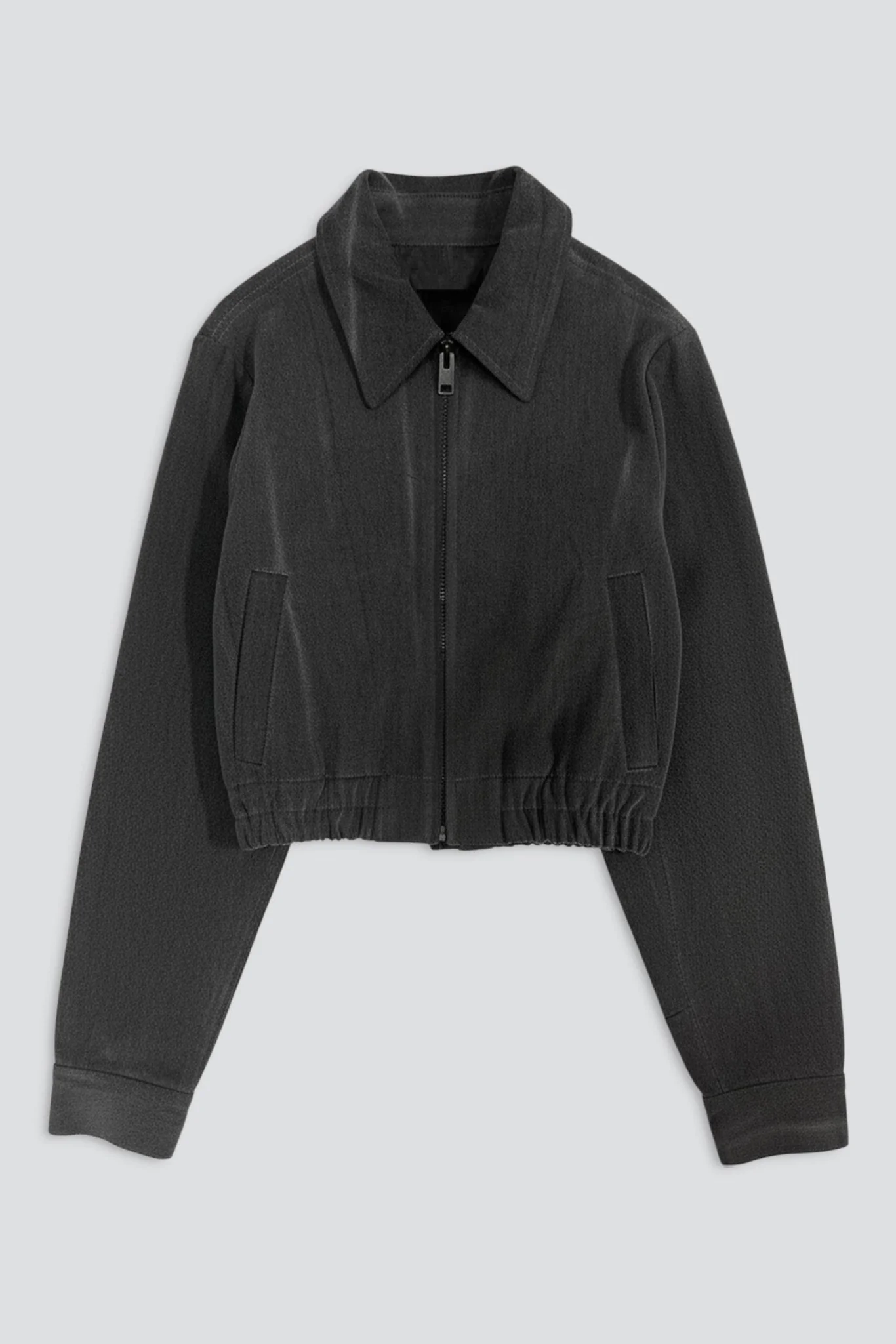 Black Grey Wash Denim Shrunken Zip Jacket