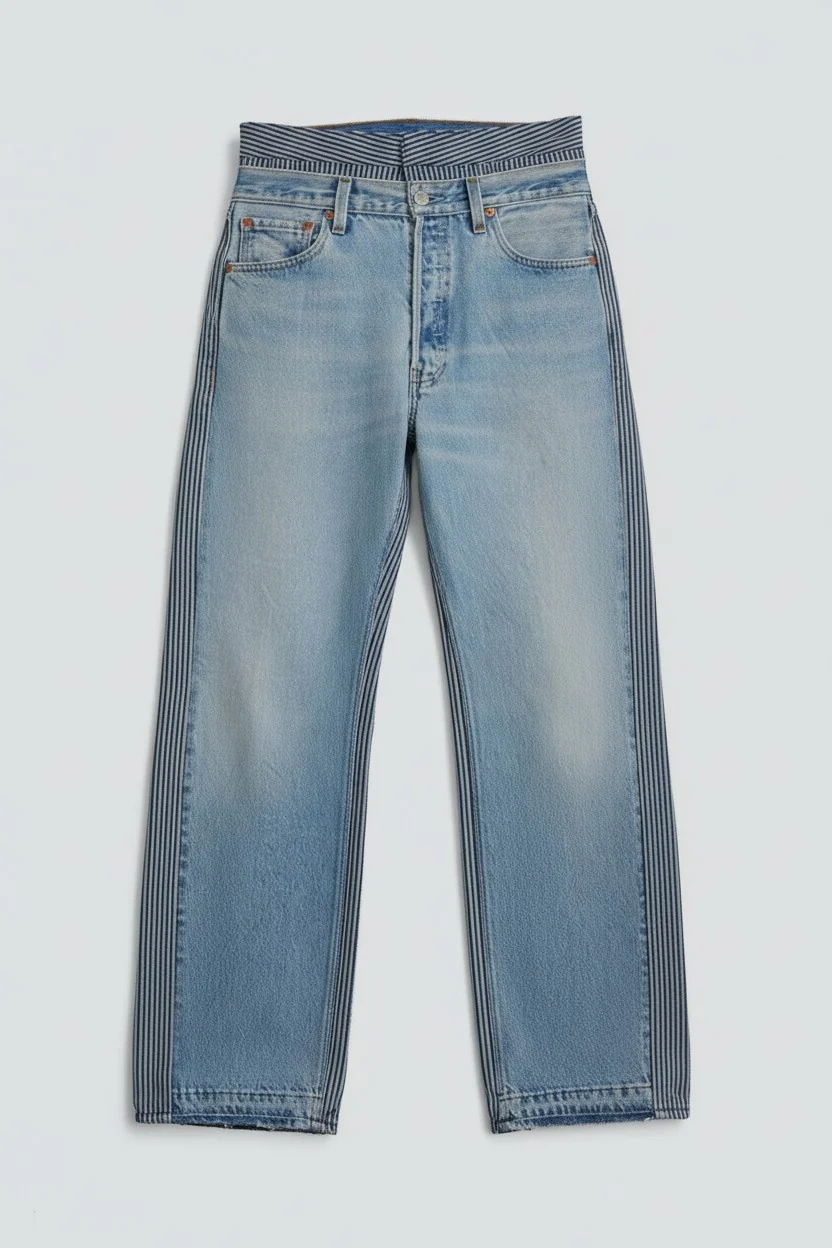 Vintage Indigo White Stripe Double Waistband Rework Jean - Image 2