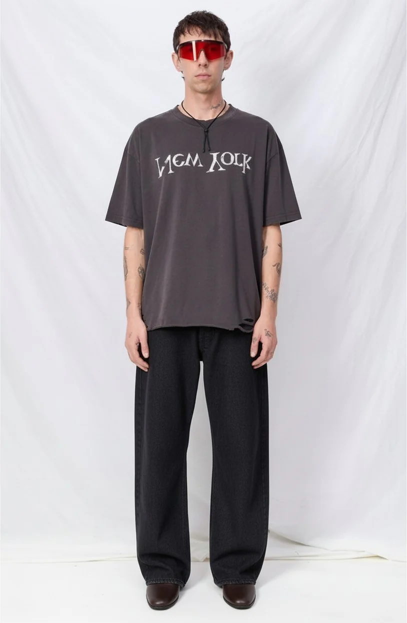 Washed Black Distressed Faded New York Logo T-Shirt - Image 2