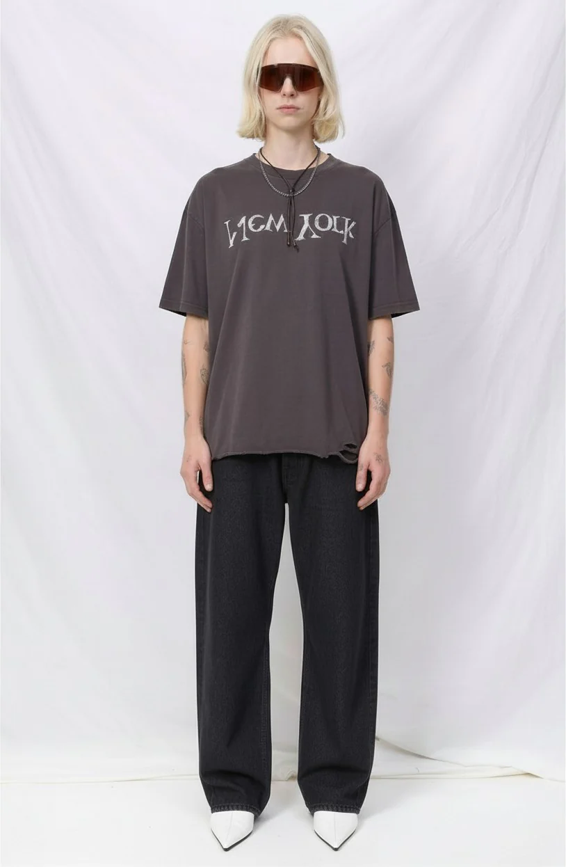 Washed Black Distressed Faded New York Logo T-Shirt - Image 3