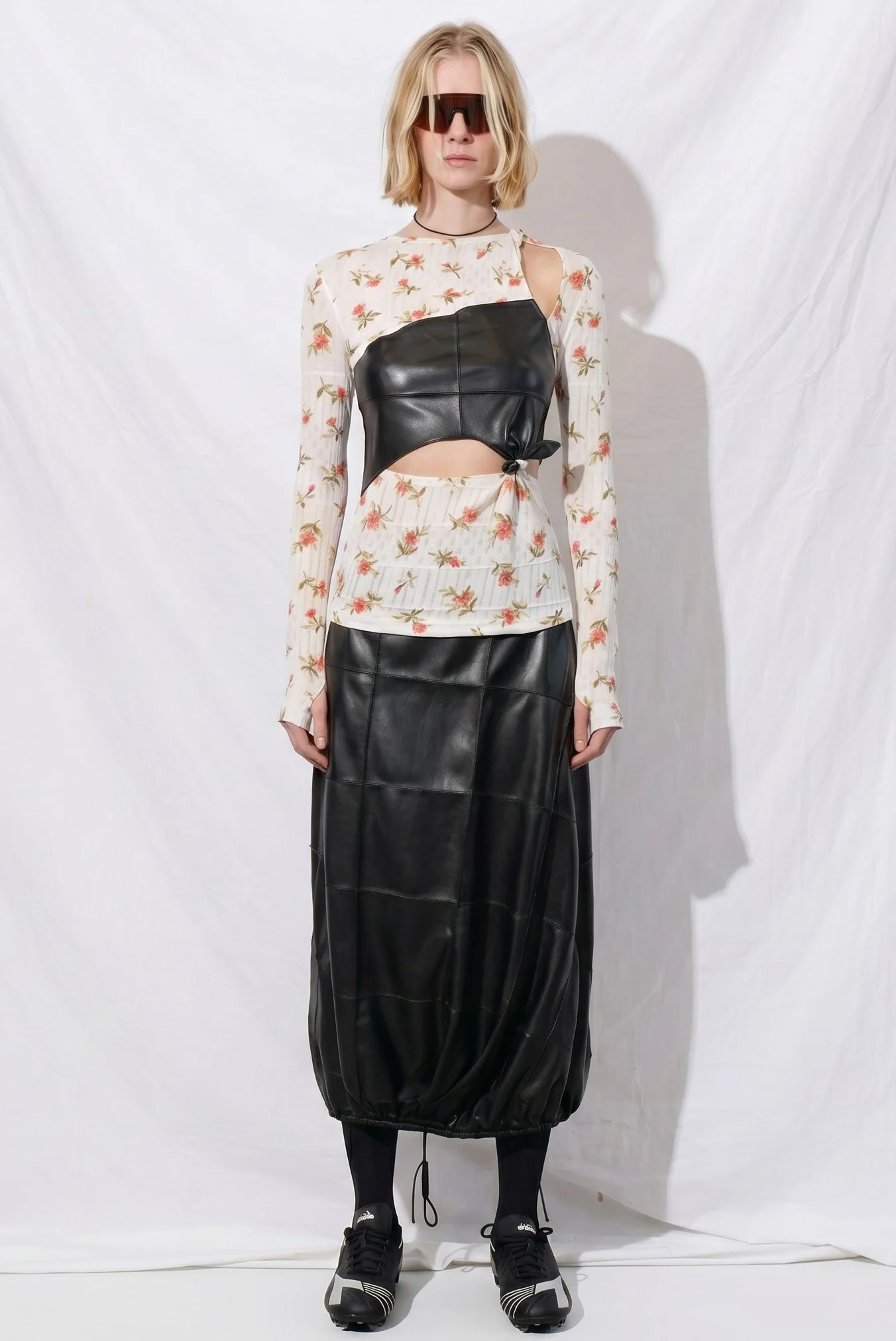 White Floral Jersey Knots Pintuck Top