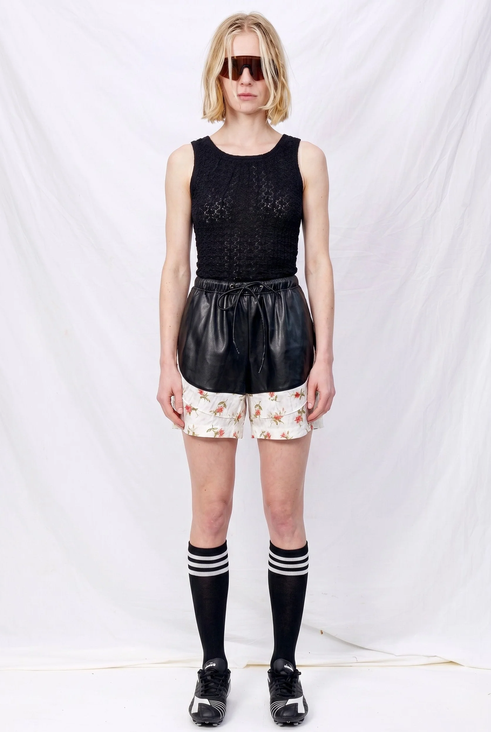 White Floral Jersey Pintuck Vegan Leather Shorts