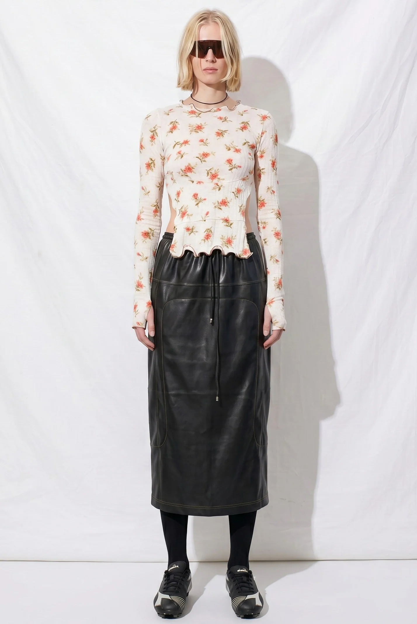 White Floral Jersey Ruffle Hem Cut Out Top